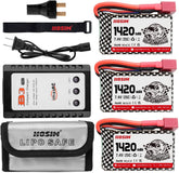 Hosim 3pcs 7.4V 1420mAh 25C T Connector Li-ion Battery with 1 Balance Charger,1 Battery Bag, 1 Double Battery Connector & 1 Strap for Brushless Q901 Q903 Q905